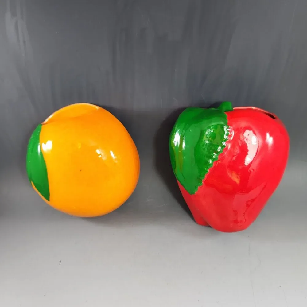 Set 2 Fruit Wall Pockets Hanging Apple & Orange Vtg Planter Gallery Wall Kitsch